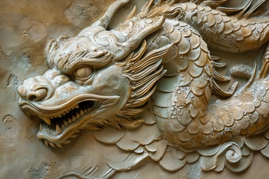A dragon head on a wall in a chinese restaurant photo