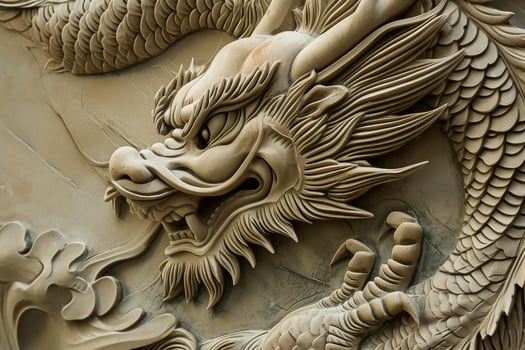 A carved dragon head on a wall photo