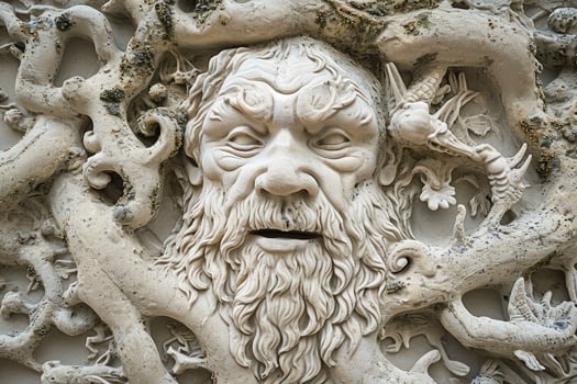 A statue of a man with a beard and a tree photo