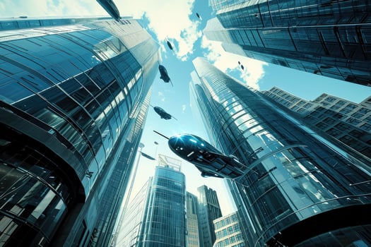 A futuristic city with skyscrapers and flying cars photo