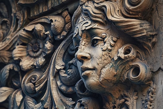 A close up of a carved face on a wall photo