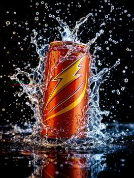 Dynamic Energy Drink Can with Water Splash and High Speed Photography photo