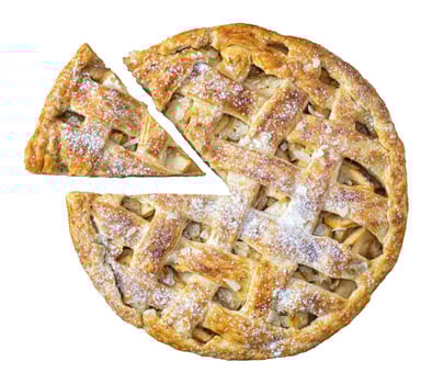 Baked round apple pie and triangle cut piece on isolated background photo