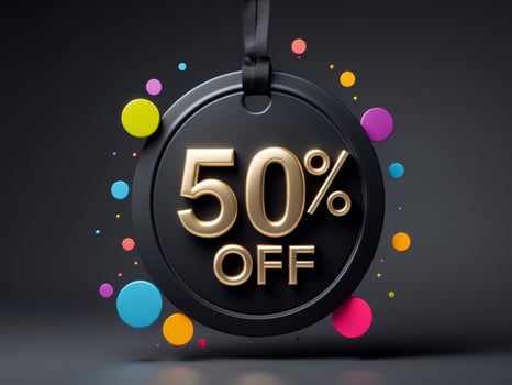 Black Discount Tag with Gold Letters and Colorful Circles Showcasing 50 Percent Off Sale Promotions on a Dark Background photo