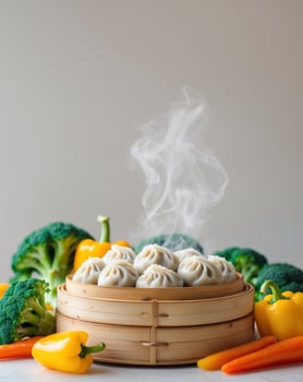 Assorted Dumplings in Bamboo Steamer with Fresh Vegetables photo