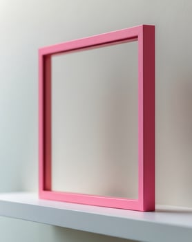 a close up of a pink square frame on a shelf photo