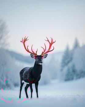 A deer with red antlers standing in the snow photo