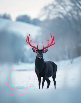 A black deer with red antlers standing in the snow photo