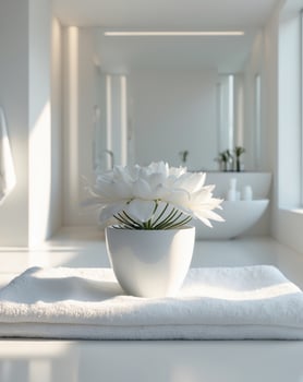 A white vase with a flower sitting on a white towel photo