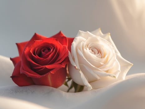 Two red and white roses are sitting on a white cloth photo