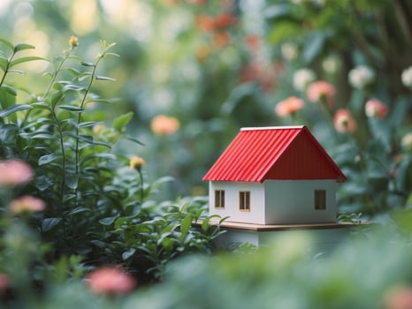 Miniature House Model with Red Roof in a Garden Setting photo