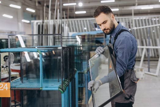 Factory worker holding glass pane for PVC or aluminum window or door production photo