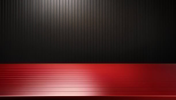 bold red table with glossy black vertical wall background for product showcase or modern minimalist interior design photo