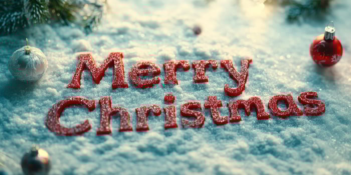 Merry Christmas is written in red letters on a snowy surface photo