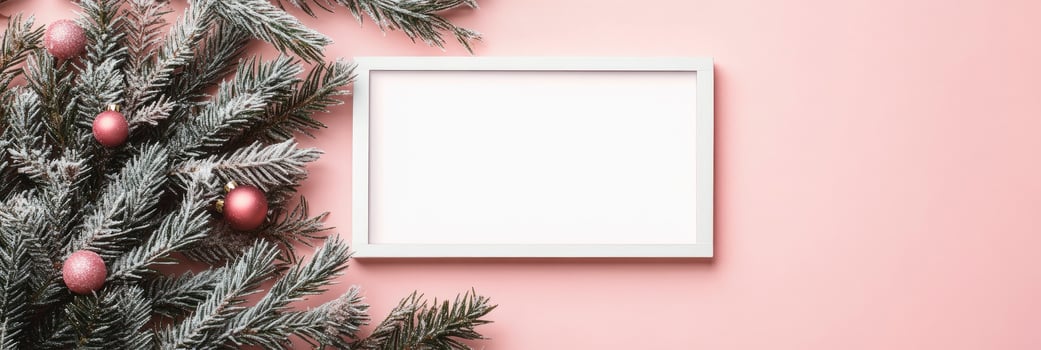 a white frame mockup on a pastel pink background with Christmas tree branches photo