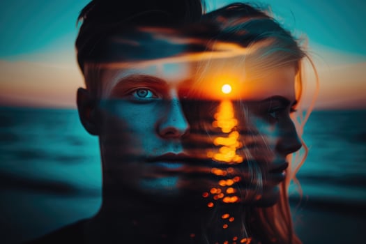 Double exposure of a man and woman with the sun setting in the background photo