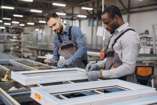 Factory workers assembling pvc windows in production line photo