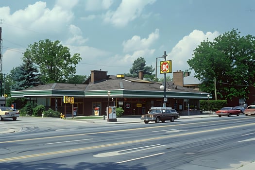 Vintage Gas Station Architecture. A Retro Roadside Building Design on a Sunny Day with Cars Parked, Showcasing Classic Building Styles and Transportation from the Past photo