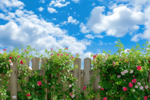 A wooden fence with flowers and blue sky photo