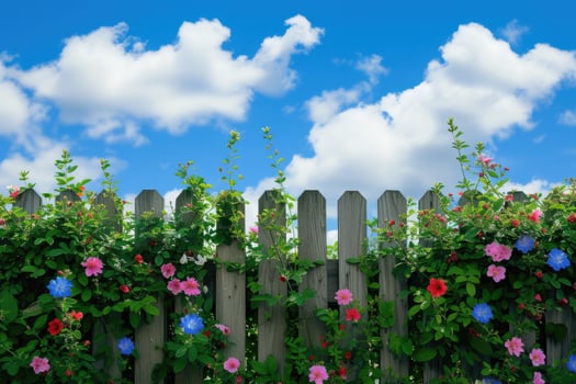 A wooden fence with flowers and blue sky photo