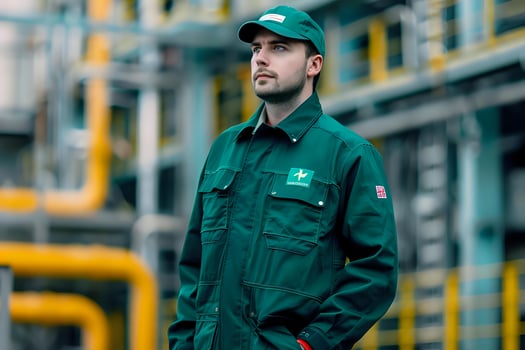 A Young Worker Contemplates Future Industrial Advancements and Technological Innovations in a Modern Factory Setting, Wearing a Green Uniform photo