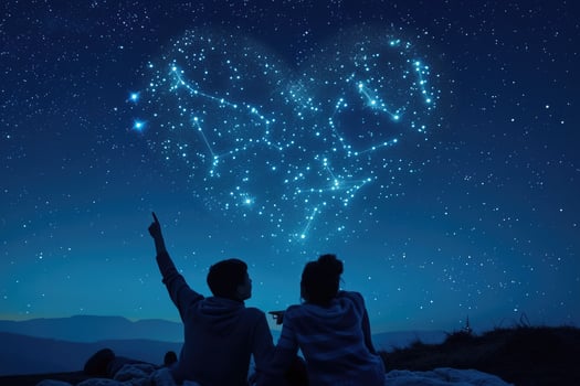 Couple looking at constellation heart shape photo