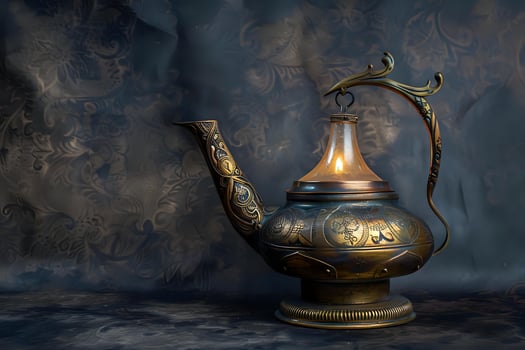 Ornate Antique Teapot Lamp Illuminates Dark Background. A Glowing, Intricate Design with Detailed Carvings, Cast in Bronze, Exquisite Craftsmanship, Mystical Atmosphere, Ancient Artifact, photo