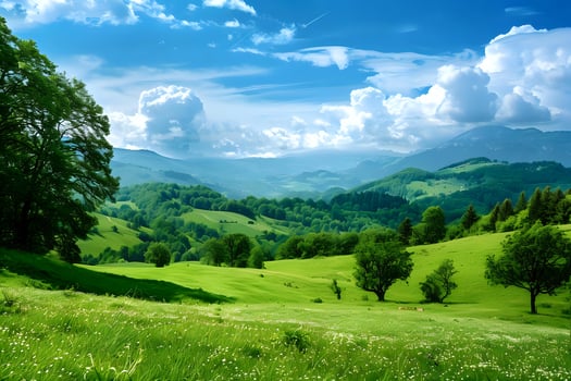 Serene Rolling Hills Landscape. Lush Green Meadows, Majestic Mountains, and a Vibrant Blue Sky, Showcasing Nature's Tranquil Beauty in Picturesque Scenery with Breathtaking Views of the Verdant Valley photo