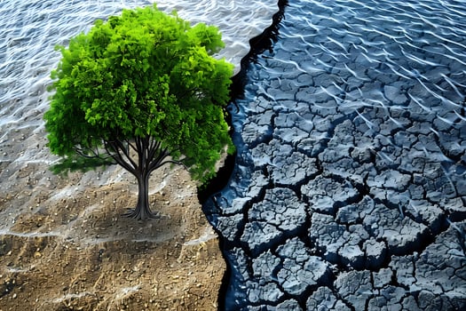 A Lush Green Tree Stands Firmly Amidst a Stark Contrast of Water and Drought-Stricken Land, Showcasing the Urgent Need for Environmental Conservation and Sustainable Practices to Combat Climate Change photo