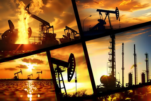 Oil Extraction and Refinery Processes at Sunset. Pumping Jacks Silhouette against Vibrant Sky, Industrial Towers and Flare Stacks Illuminating the Night, Energy Production and Resources Extraction photo