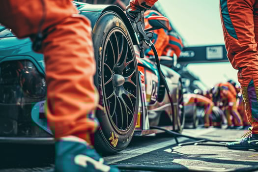 A group of people in orange uniforms are working on a race car photo