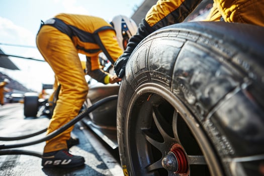 Two men in yellow uniforms are working on a race car photo