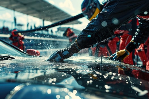 A person washing a car with a hose photo