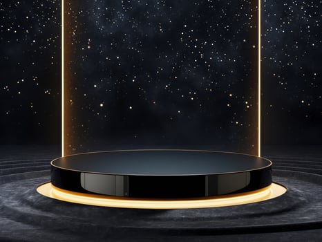 Black round stage with glowing lights and a starry sky background photo