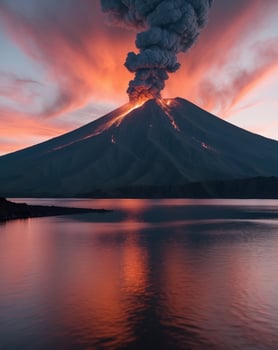 Volcano erupts from the ground at sunset photo