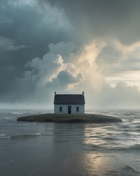 A house on an island in the middle of the ocean photo