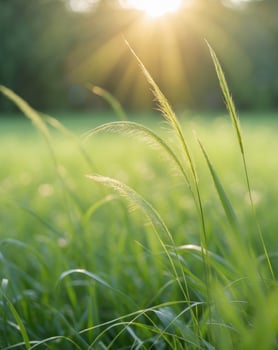 Green grass nature field closeup backlit by golden sunlight with sun rays photo