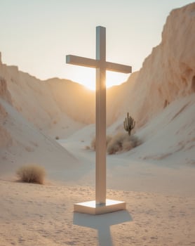 A cross stands in the desert at sunset photo