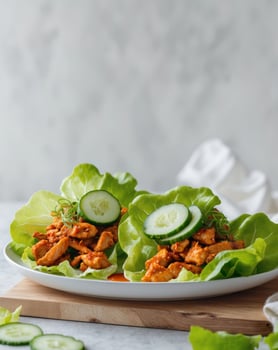 Two lettuce wraps with chicken and cucumbers photo