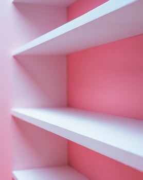 a close up of a white shelf with a pink background photo