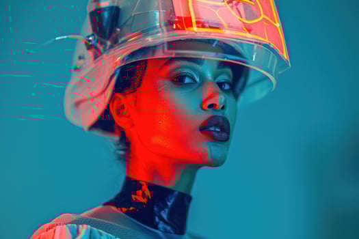 A woman wearing a helmet with neon lights photo