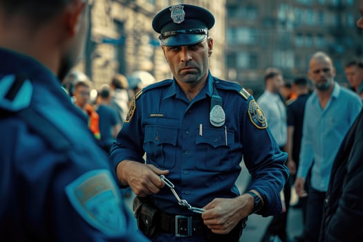 A police officer is standing in the middle of a crowd photo