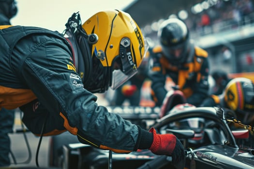 A man in a racing suit working on a car photo
