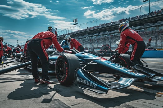 A man in red and black uniform is working on a race car photo