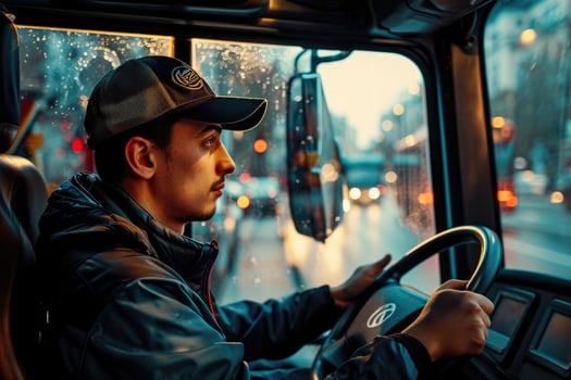 A man driving a truck on a rainy day photo
