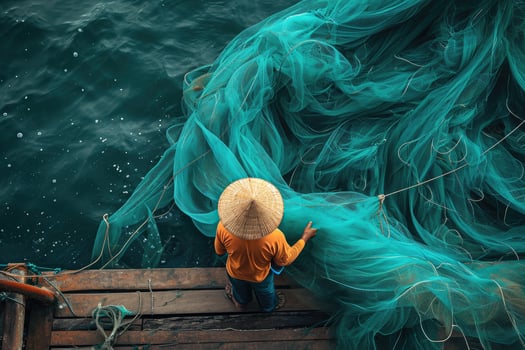 A man in a hat standing on a dock with a net photo