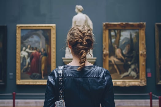 A woman looking at paintings in a museum photo