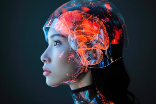 A woman wearing a helmet with glowing red and blue photo