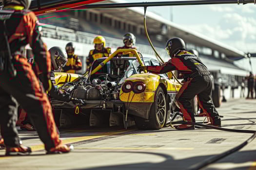 A group of men working on a race car photo