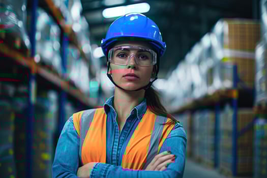 A woman in a hard hat and safety vest standing in a warehouse photo